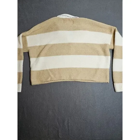 American Eagle Sweater Womens XS Tan White Striped Cropped Preppy Cozycore - Picture 7 of 7